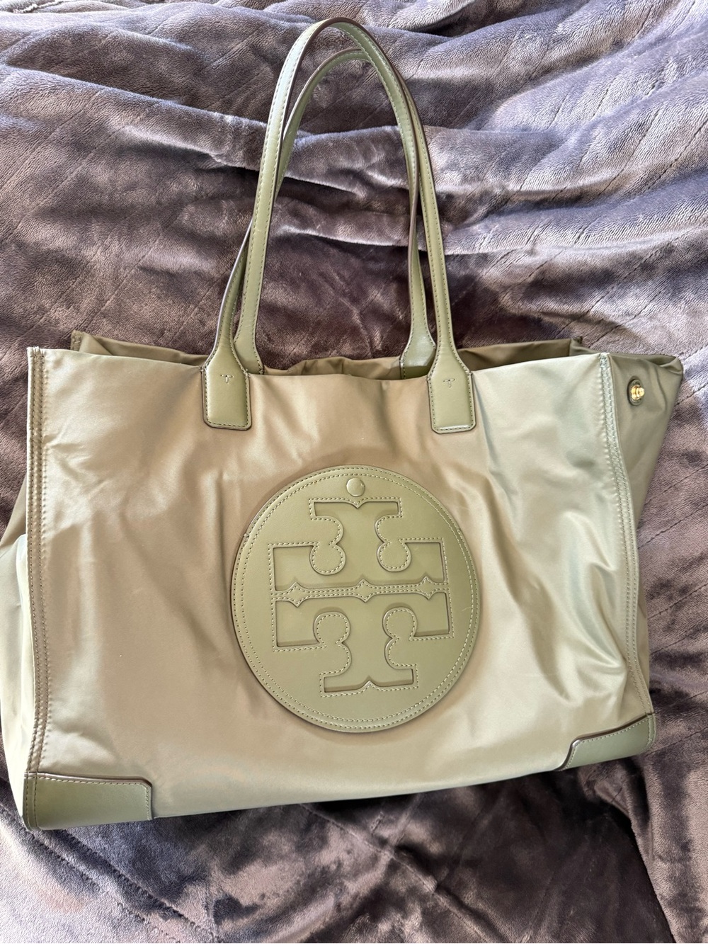 Tory Burch Olive Green Emma Logo Nylon Tote